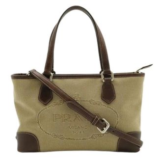 Prada Pre-owned Handbags, female, Beige, Size: ONE SIZE Pre-owned Logo Jacquard Canvas Leather 2way Bag