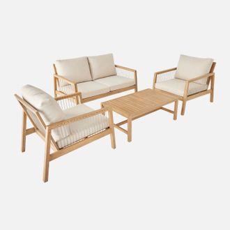 Sweeek Conjunto De Jard&iacute;n De Madera Clara Y Cuerda, 4 Plazas