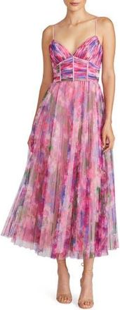 Monique Lhuillier Madison Floral Pliss&eacute; Tulle Midi Cocktail Dress in Waterlily Floral at Nordstrom Rack, Size 16