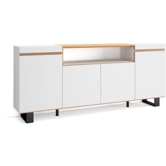 Skraut Home Skraut Home - Credenza, Mobile, Cucina, Madia, mobile ingresso, 200x35x87cm, 4 Porte, Design industriale, Stile moderno, Bianco e Rovere soft