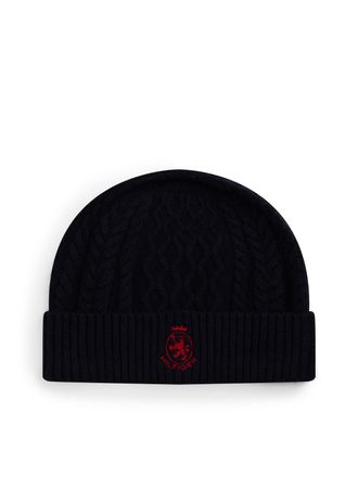 Tommy Hilfiger Beanie TOMMY HILFIGER TH CREST KNIT, Damen, space blau, rot, Strick, Wollmischung, M&uuml;tzen Beanie, Zopfstrickmuster, mit TH-Wappen