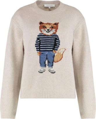Maison Kitsun&eacute; Trui met ronde hals van wol - Dames - Ronde hals truien - Beige - L - Wol - Truien & Vesten