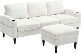 STILVORA Sof&aacute; Esquinero Reversible 4 Plazas En Chenilla Con Puff Cofre, 2 Portavasos Y Bolsillos Laterales, Beige