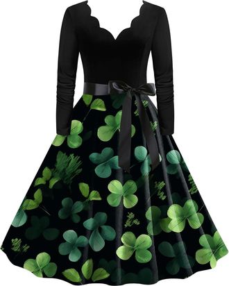 Generic St Patricks Day Dress for Women Green Shamrock Dresses Irish Lady Fancy Dresses Long Sleeve V Neck Tunic Skirt Bodycon Rockabilly Swing Dress Evening 