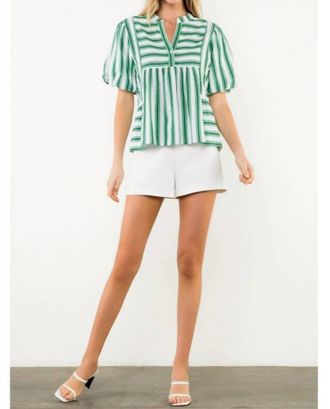 THML Clothing Stripes Puff Sleeves Blouse In Green