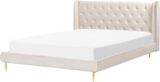 Beliani Cama Con Somier De Terciopelo Beige Dorado 160 X 200 Cm Cabecero Capiton&eacute; Forbach