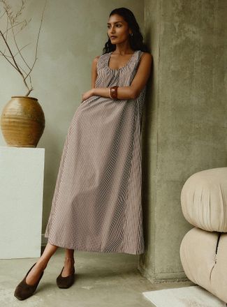Contemporaine Womens Ruched collar striped poplin dress