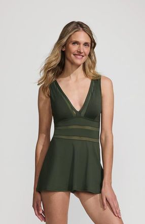 Lands End Mesh V-neck Mini Swim Dress Swimsuit in Rich Olive Green at Nordstrom, Size 18