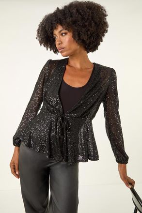 Roman Sequin Tie Front Stretch Top
