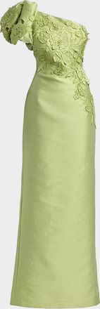 Badgley Mischka One-Shoulder Pebble Gazar Column Gown