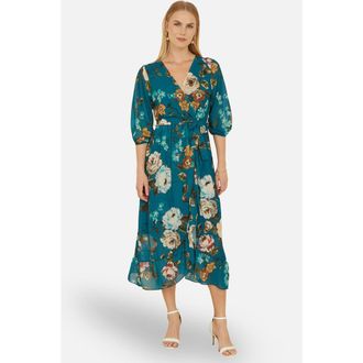 Yumi Watercolour Dip Hem Midi Wrap Dress in Teal at Nordstrom, Size 12