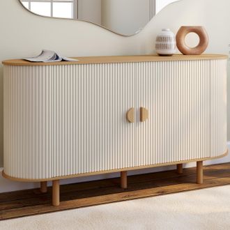 IDMarket Aparador Kanel 2 Puertas Efecto Estriado Beige Y Madera 140 Cm