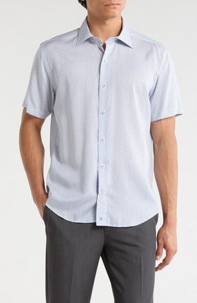 David Donahue Classic Fit Floral Print Short Sleeve Button-Up Shirt in White/Navy at Nordstrom Rack, Size Xx-Large