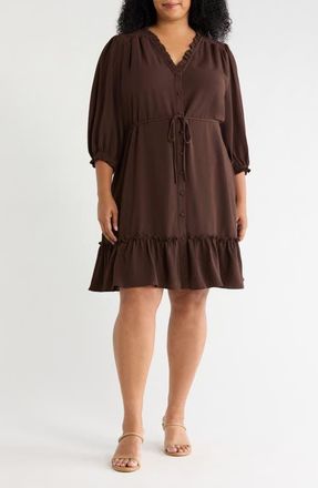 CeCe by Cynthia Steffe Ruffle Trim Button-Up Dress in Coffee Bean at Nordstrom, Size 3X