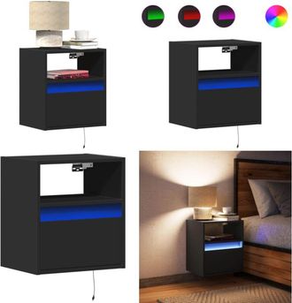 vidaXL Comodino a Parete con Luci LED Nero - Comodino con luci rgb - Comodino a parete salvaspazio