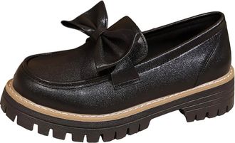 Generic Womens Loafers Elegant Bow Chunky Heeled Shoes Round Toe Solid Color Fashionable Non-Slip Comfortable Casual Classic Slip On Walking Shoe Work Leisure