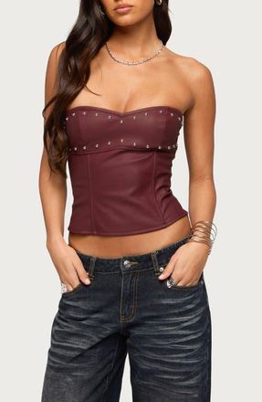 Edikted Izara Studded Strapless Faux Leather Top in Burgundy at Nordstrom, Size X-Large