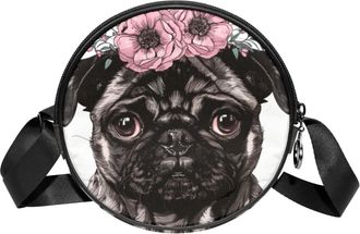 Generic Circle Crossbody Bag for Women, Pug Dog Flowers Small Sling Bag Daypack with Zipper Adjustable Shoulder Straps Casual Ladies Girls Round Purse