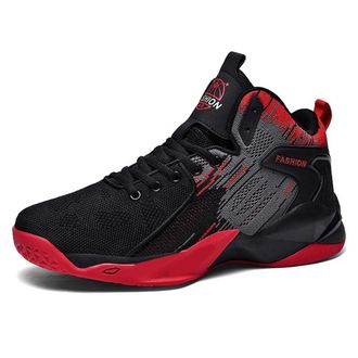 Generic Mens Basketball Shoes High Top Fly Woven Breathable Lightweight and Wear-Resistant Outdoor Sports Walking Shoes(Black/Red,12.5 UK)