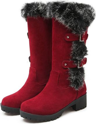 Generic Womens Lined Winter Boots in A Suede Look, Warm Mid-Calf Boots with Fur Trim And Double Straps, Non-Slip Block Heel Snow Boots for Everyday Wear And O