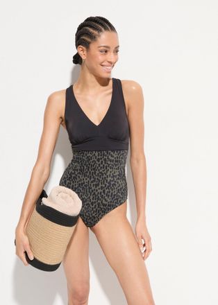 Bonprix Badeanzug BONPRIX, Damen, Gr. 38, N-Gr, gr&uuml;n (dunkeloliv, schwarz gepunktet), Obermaterial: 80% Polyamid, 20% Elasthan. Futter: 100% Polyester, Badean