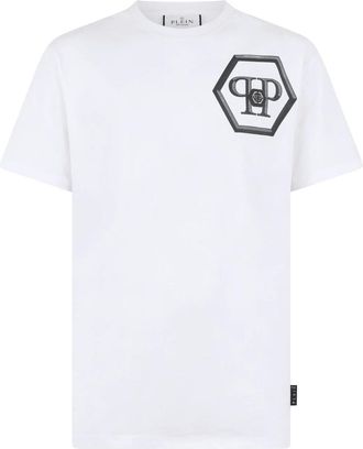 Philipp Plein Tops, Heren, Wit, L, Katoen, T-shirt met ronde hals Lines Hexagon