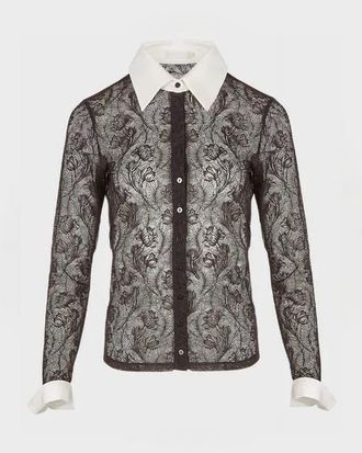 Anne Fontaine Yvonna Long Sleeve Embroidered Lace Shirt in Black at Nordstrom, Size 44 Eu