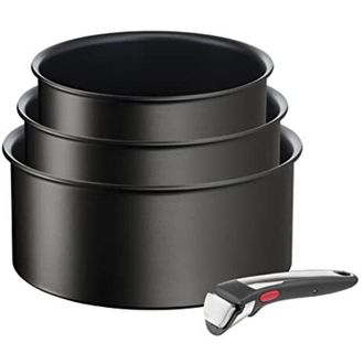 T-fal Ingenio - Set di 3 pentole + manico rimovibile, induzione, rivestimento antiaderente, impilabile, lavabile in lavastoviglie, made in Francia