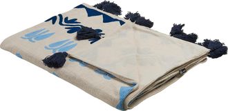 Beliani Beliani - Manta De Algod&oacute;n Beige Azul 130 X 180 Cm Hecho A Mano Patr&oacute;n Floral Borlas Bhind