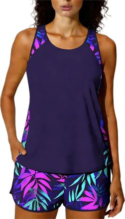 Generic Womens Flower Printed Tankini Set Two Piece Swimsuit Ladies Swimming Costume Sleeveless Tank Tops Vest and Boyshort Set Tankinis Vintage Swimwear Athl