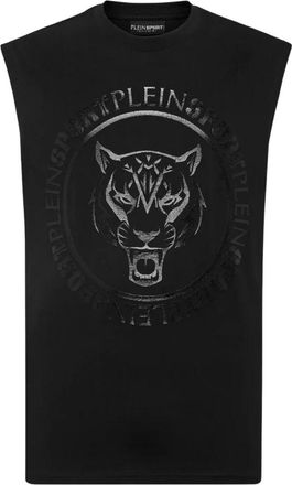 Plein Sport Zwarte mouwloze Carbon Tiger T-shirt - Heren - Sportshirts - Zwart - XL - Katoen - Fitness