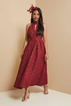 Wallis Womens Petite Floral Jacquard Halterneck Midaxi Dress - Wine - Size 12 UK