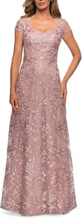 La Femme Cap Sleeve Floral Gown with Sweetheart Neckline in Mauve at Nordstrom, Size 14