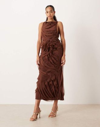 Asos Vestito lungo accollato color cioccolato con inserti in pizzo e volant sul fondo-Marrone
