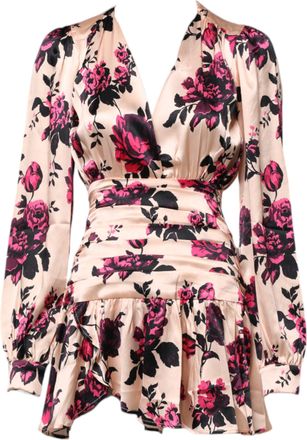 Laneus Pink Floral Silk Long Sleeves V-neck Wrap Mini Womens Dress (Pre-Owned)