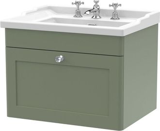 Nuie Nuie - Classique Wall Hung 1-Drawer Vanity Unit with Traditional Basin 600mm Wide Satin Green - 3 Tap Hole