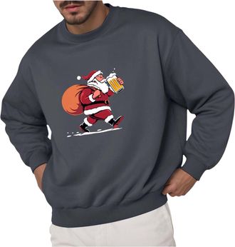 Generic sweatshirt for men uk Christmas Drinking Beer Santa Print Top Fleece Round Neck Long Sleeve Sweatshirt Xmas Crew Neck Pullover Tops for Men (B-Dark Gr