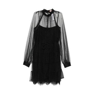 Twinset Short Dresses, female, Black, Size: 2XS Abito corto plumetis c/sottoveste pizzo e cintura