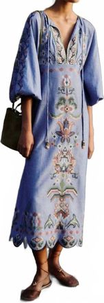 Farm Rio Garden Tapestry Embroidery Long Sleeve Midi Dress In Blue