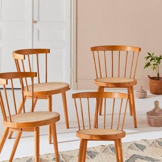 Sweeek Set Of 4 Wooden & Caned Chairs in Light Brown