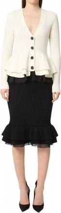 Nina Ricci V-Neck Layered Mix Ruffled Wool Knit Cardigan In Cream