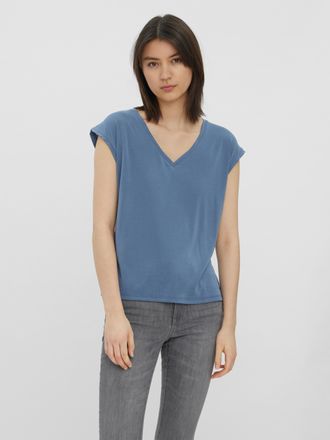 Vero Moda V-Shirt VERO MODA VMFILLI SS V-NECK TEE GA NOOS, Damen, Gr. XL, blau (china blau), Jersey, Obermaterial: 70% Modal (TENCEL), 30% Polyester, unifarben,