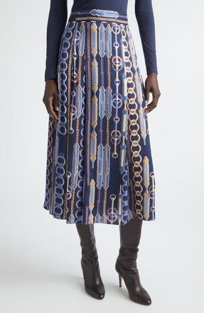 St. John Heritage Chain Bridle Print Pleated Midi Skirt in Midnight Multi at Nordstrom, Size 8