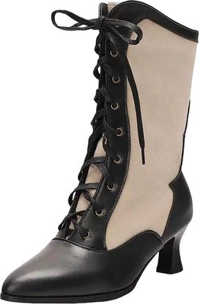 Generic Womens Retro Mid Calf Boots Round Toe High Strange Style Heel With Lace Up Front And Color Block Pattern