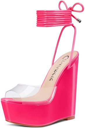 Castamere Womens High Wedge Platform Heel Peep Open Toe Ankle Strap Sandals Lace Wedding Clear Dress Shoes 15 CM Heels Pink Transparent 6 UK