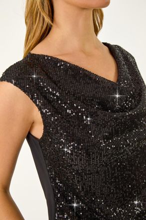 Roman Sequin Cowl Neck Stretch Jersey Top