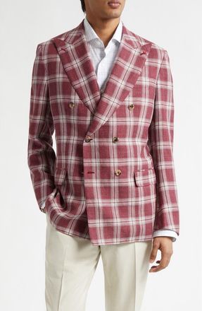 Isaia Delave Plaid Linen & Wool Sport Coat in Dark Red at Nordstrom, Size 42 Us