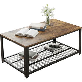 Relaxdays Tavolino Relaxdays, stile industriale, HxLxP 45 x 106 x 60 cm, effetto legno, ripiano a griglia, salotto, marrone/nero