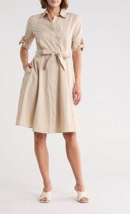 Calvin Klein Solid Cotton Shoulder Tie Shirtdress in Khaki at Nordstrom Rack, Size 14