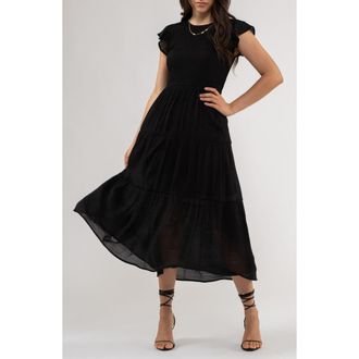 Blu Pepper Flutter Sleeve Smocked Tiered Midi Dress in Black at Nordstrom Rack, Size Medium